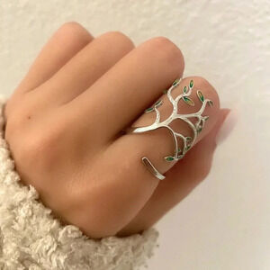 925 Sterling Silver Large Branch Tree Ring Boho Statement Ring Green Leaf Ring